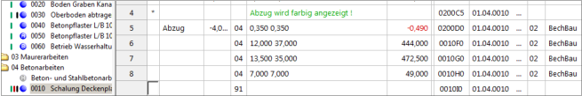 farbige Kommentare und negativer Wert in rot